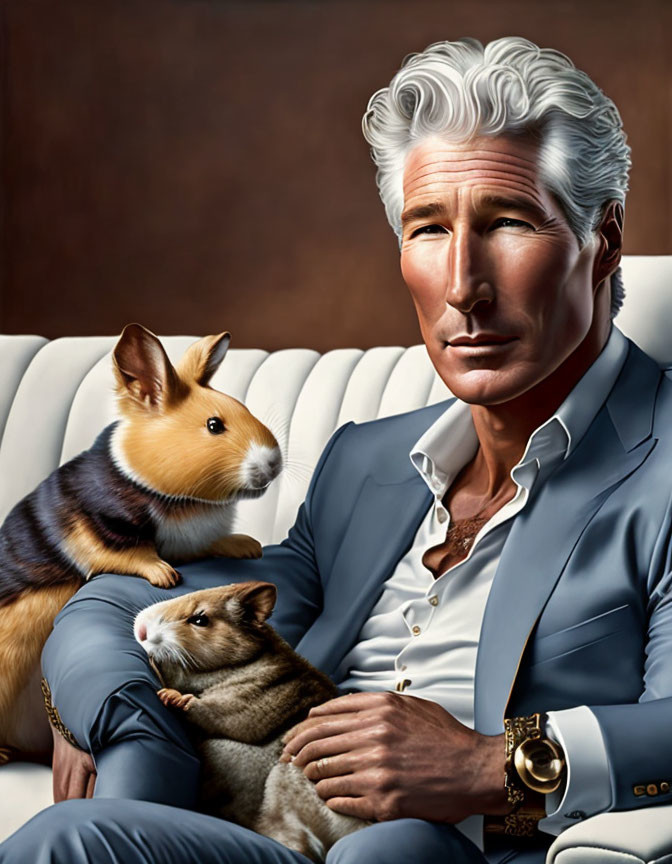 Silver-haired man in blue suit with two guinea pigs