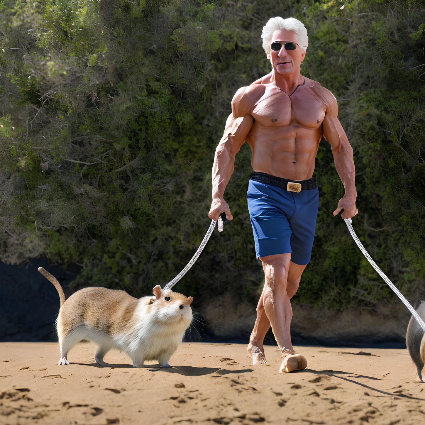 Elderly man with white hair walking on beach with giant hamsters