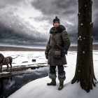 Man in winter clothing near tree in snowy landscape with possum on fallen log