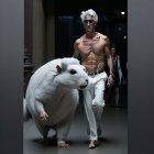 White-haired man with sunglasses walks beside giant rodent in contrasted corridor