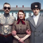 Diverse group with tattoos, plaid dress, and fur hat against city backdrop