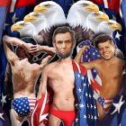 Muscular men draped in American flag with patriotic bald eagles and stars.