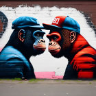 Colorful street art mural featuring two chimpanzees in baseball caps with American flag pattern, set against