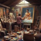 Colorful self-portrait painting in cluttered artist studio