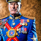 Decorated military man in uniform with medals on gold background