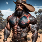 Muscular man with beard and cowboy hat displaying arm tattoos in desert setting