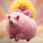 Person in Striped Outfit on Flying Pink Pig with Yellow Headpiece