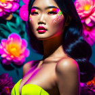 Bold Makeup Woman Stands Out Among Pink Flowers