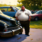 Confident man with unique physique poses by vintage cars on sunny day