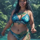 Woman in floral bikini smiling in tropical setting with water droplets and lush greenery.