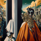 Surrealist Painting with Stylized Figures and Ornate Costumes