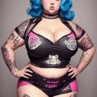 Stylized portrait of woman with blue hair, tattoos, black outfit, pink accents, and text