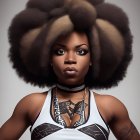 Digital artwork: Woman with voluminous afro, brown flowers, metallic headpiece, white & black