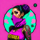 Modern woman illustration with bold makeup, tattoos, pink mask, and edgy style on pink background.