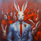 Anthropomorphic rabbit in blue suit with two smaller rabbits on red backdrop