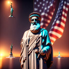 Bearded man statue with book, Statue of Liberty & sunset in background