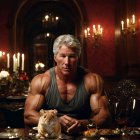 White-haired muscular person at elegant table with candles and rodent.