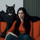 Stylized painting of woman with black hair and cat on orange sofa