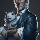 Illustration of a stylish gentleman with silver hair holding a happy hamster