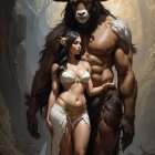 Muscular ram-headed fantasy creature with ornately adorned woman in mythical forest.