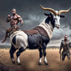 Muscular cowboy with pickaxe beside giant saddled goat under dramatic sky