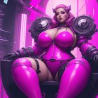 Female Figure with Cybernetic Enhancements in Purple Bodysuit on Pink Neon Backdrop