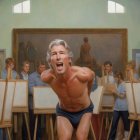 Passionate shirtless man poses for artists in art studio