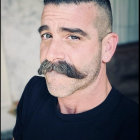 Portrait of man with handlebar mustache and salt-and-pepper hair in black shirt.