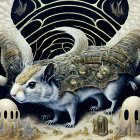 Surreal image: Large rabbit, bone-like structures, swirling patterns on dark background