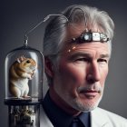 White-Haired Man with Headband and Rodent in Glass Dome Above Miniature Cityscape