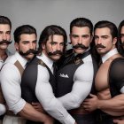 Stylized muscular men in biker-themed outfits against abstract background