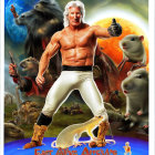 Fantasy-themed illustration with muscular man, woman in orange, and explosive celestial background