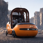 Futuristic orange autonomous car with sleek design and large windows parked on city road at dusk