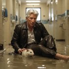 White-haired man in brown jacket sits with dog in yellow-tiled corridor