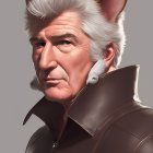 Digital artwork: Man with animal attributes, pointed ears, white hair, fur texture, headphones, leather