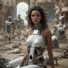 Female cyborg in futuristic desert scene with walking robots and still water.