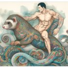 Surreal artwork: person on ornate creature over waves & mountains