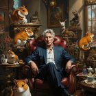 Luxurious Victorian setting with oversized hamsters and elegant man