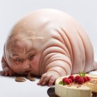 Surreal baby illustration with cheesecake and raspberries