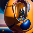 Woman looking through circular window of futuristic orange and blue helmet structure