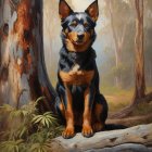 Realistic painting: Black and tan dog on log in sunlit forest with eucalyptus