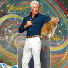 Gray-haired man with glasses surrounded by floating corgis and bananas in cosmic setting