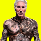 Silver-Haired Man Holding Sleeping Cat in Floral Shirt on Yellow Background