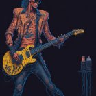 Man with slicked-back hair playing electric guitar in studded leather jacket illustration