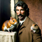 Surreal photo: man in vintage suit with guinea pig head, holding guinea pigs with