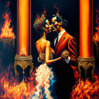 Formal attire couple embracing in fiery ring with intense flames