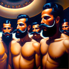 Repetitive bearded men with stylized mustaches on dark background