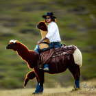 Long-haired person on brown alpaca with hat and dog in green landscape