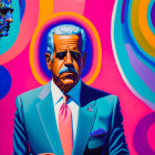 Colorful portrait of a man in turquoise suit against swirling pink and blue backdrop with shadowy profile.