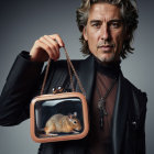 Styled Gray-Haired Man Holding Purse with Clear Window and Hamster